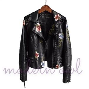 Beautiful Embroidered Faux Leather Jacket -XL